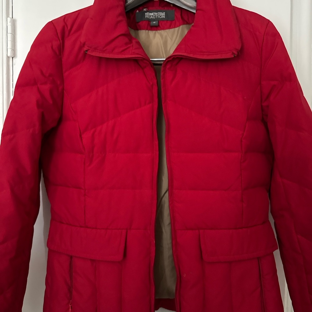Kenneth Cole Red Quilted Puffer Coat with Flap Pockets